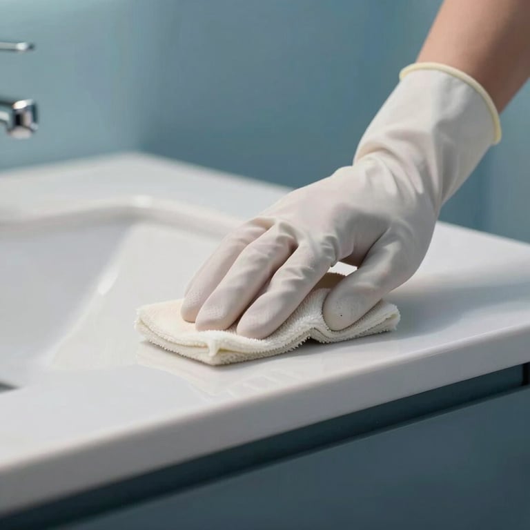 Detailed care: Close-up of a gloved hand polishing a sleek modern countertop. High hygiene standards, meticulous attention to detail. Off-white (#F0F4F7) and steel blue (#4A6B7E) hues.