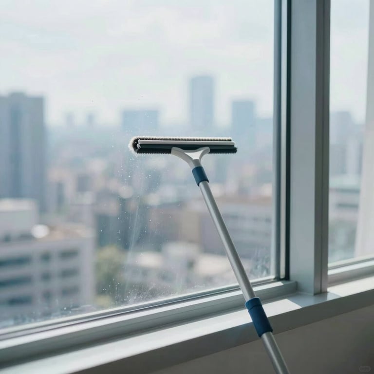 Window cleaning: A sparkling clean modern window with a beautiful city view, a squeegee resting on the sill. Bright, crisp lighting, light steel blue (#8EA4AF) tones.