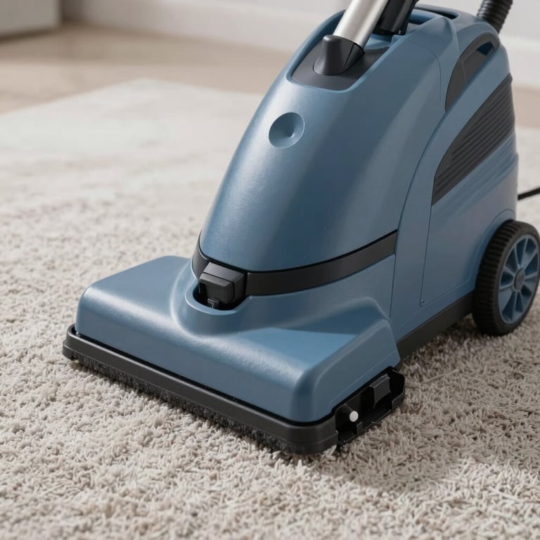 Carpet cleaning: Close-up of an industrial carpet cleaner revitalizing a plush carpet. Modern, efficient, showcasing texture and cleanliness. Steel blue (#4A6B7E) color palette.
