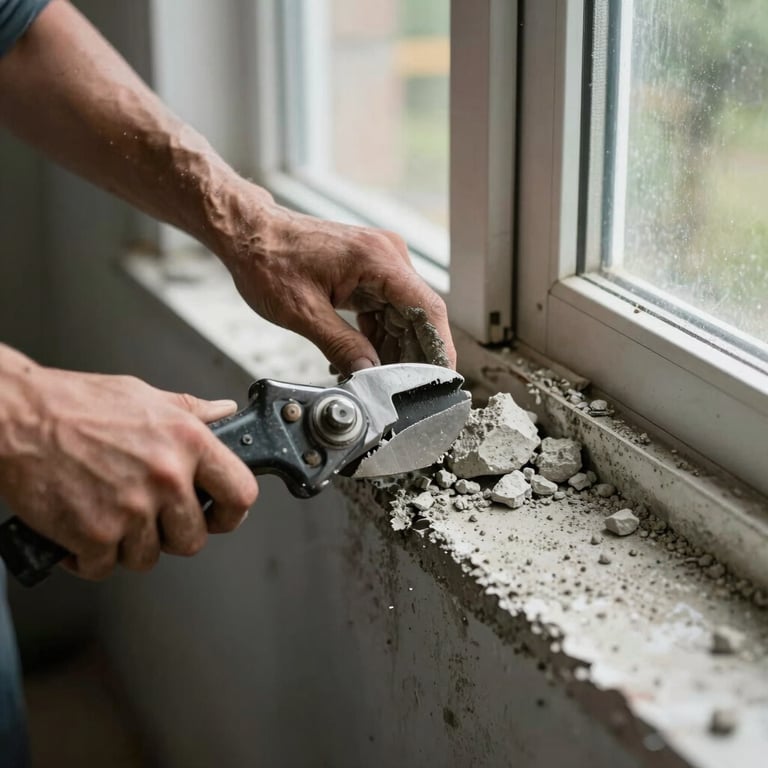 A specialized tool removing loose concrete from a damaged window base, North American construction style.
