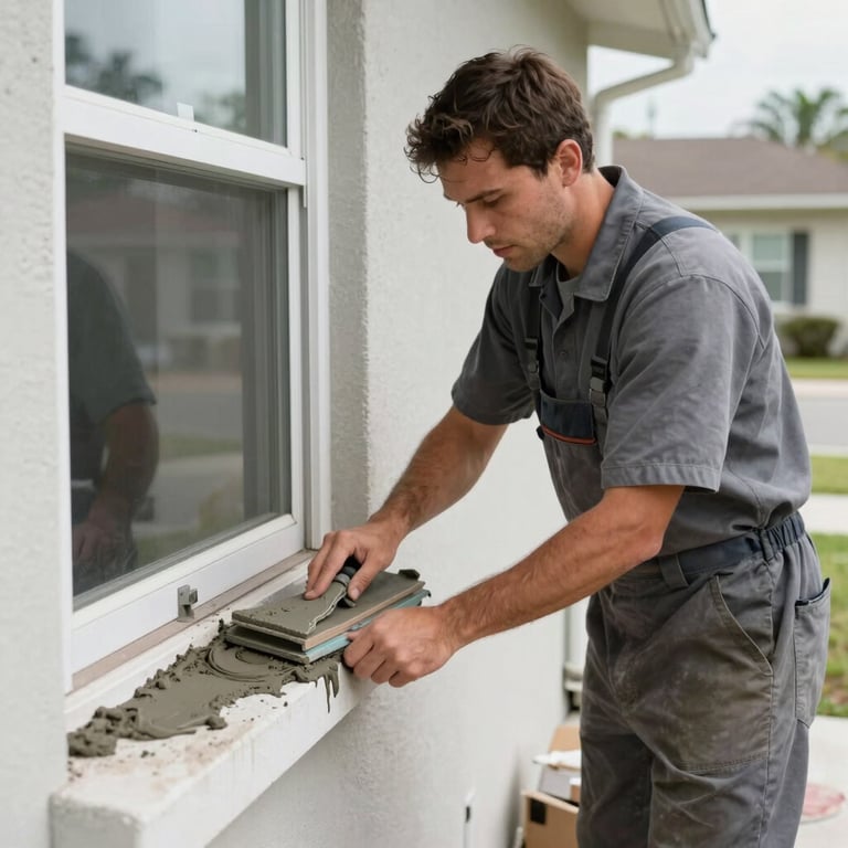 A mason wearing a slate gray uniform carefully smoothing fresh cement on a windowsill in a Florida residential neighborhood.
