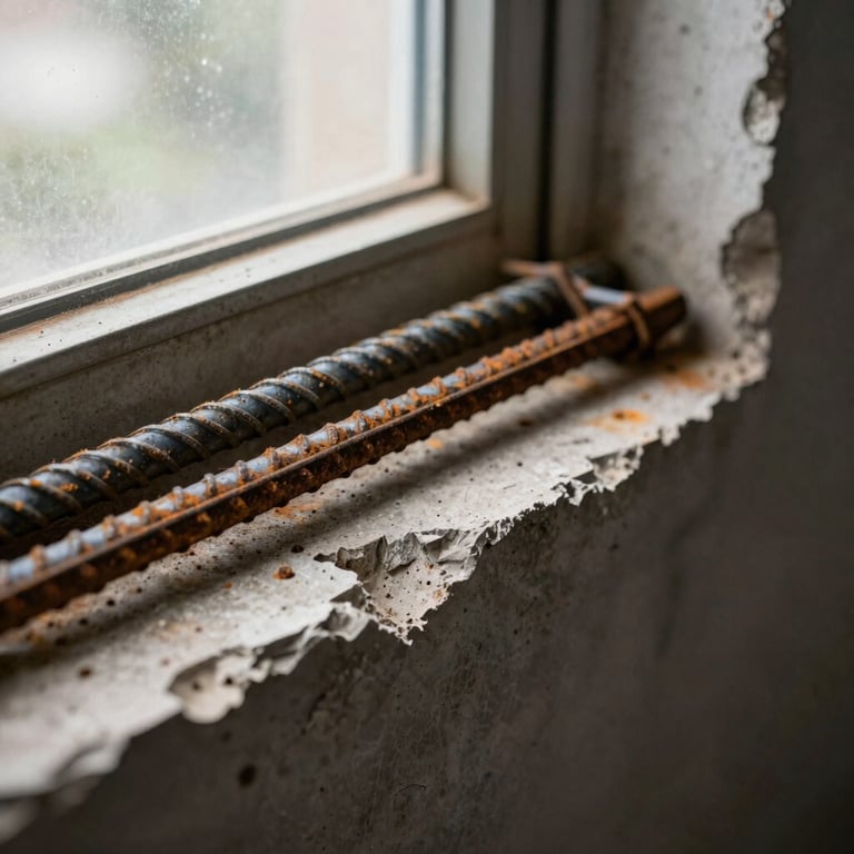 Macro shot of rusted steel re-bar inside a crumbling concrete window sill.