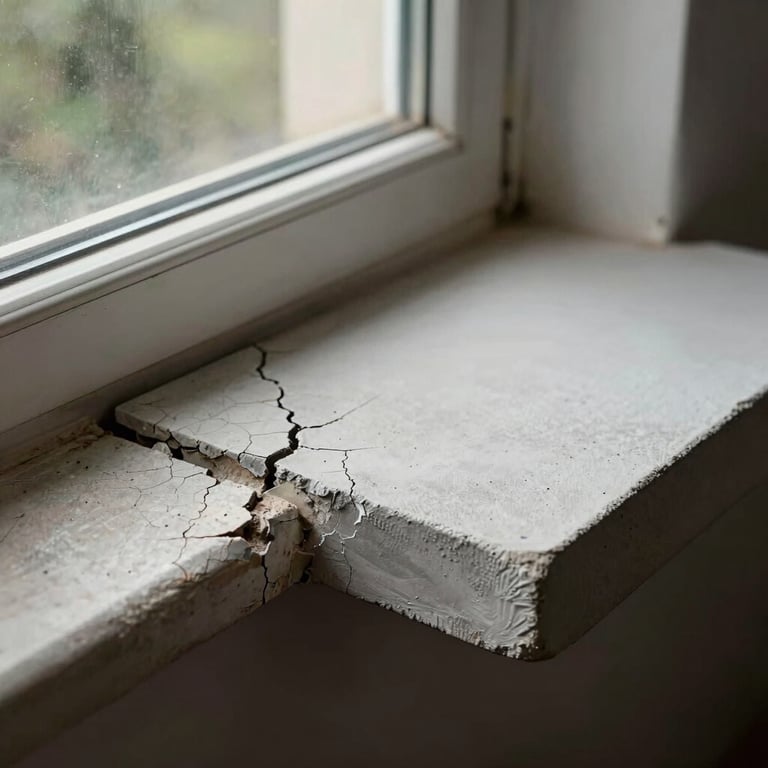 Comparison of a weathered, cracked windowsill next to a restored, smooth light gray cement sill.