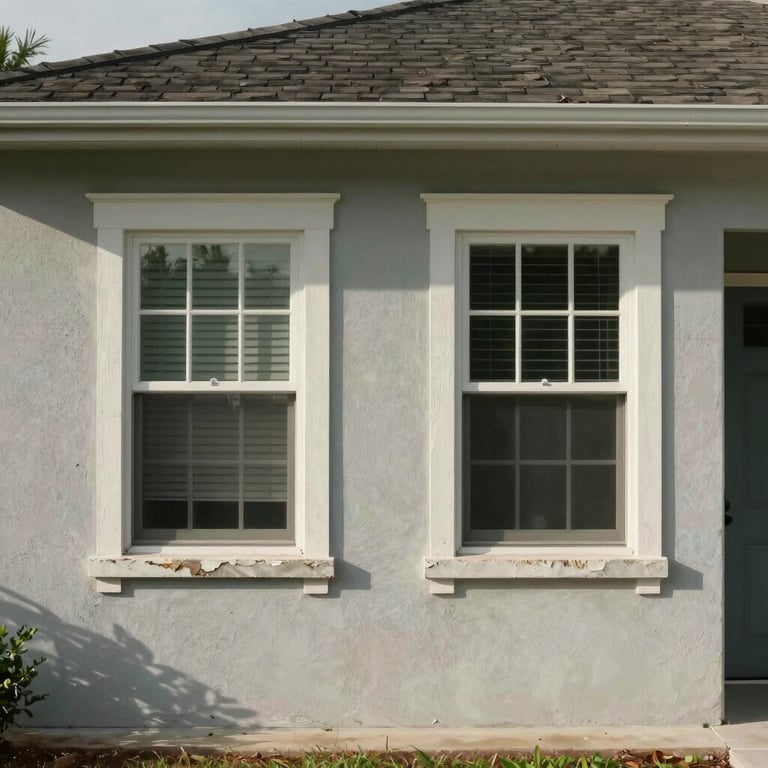 Side view of a two-story Florida house with all windows featuring newly repaired and painted cement sills.