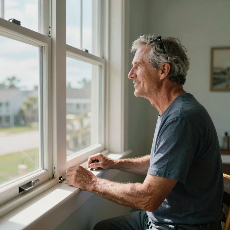 A wide shot of a satisfied homeowner looking at a newly fixed window sill on a sunny day in Ormond Beach.