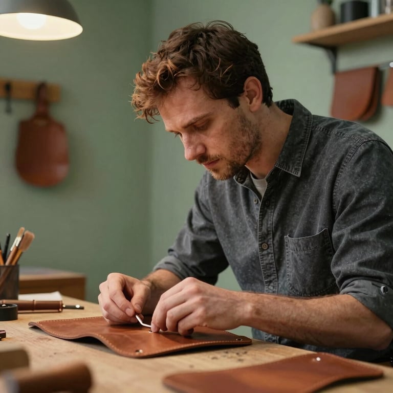 A North American / US craftsman in a studio with Muted Sage Green walls, carefully inspecting a handmade leather product, warm ambient lighting.