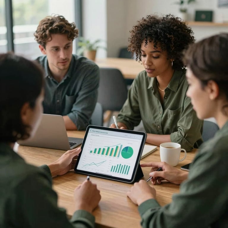 A diverse group of professionals in a North American / US co-working space, collaborating over a tablet showing marketing growth charts in Deep Forest Green.