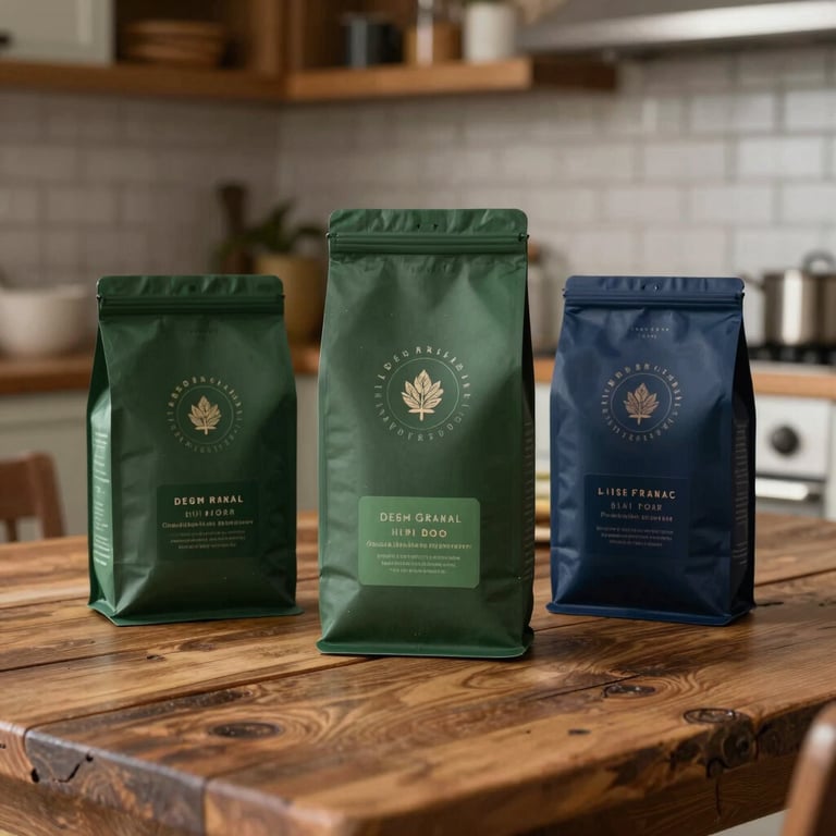 Artisanal food products with elegant packaging in Deep Forest Green and Dark Navy Blue, arranged on a rustic wooden table in a North American / US kitchen.