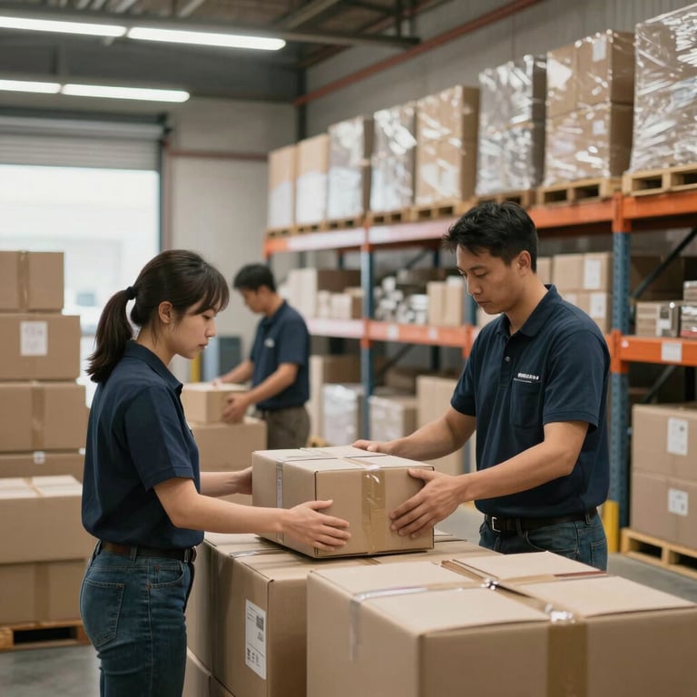 A modern North American / US warehouse space with workers in professional attire organizing boxes for shipping, clean and efficient atmosphere.