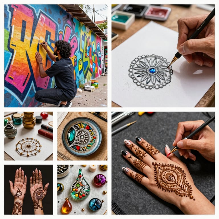 A vibrant collage of graffiti, glass painting, and pastry art representing diverse artist portfolios.