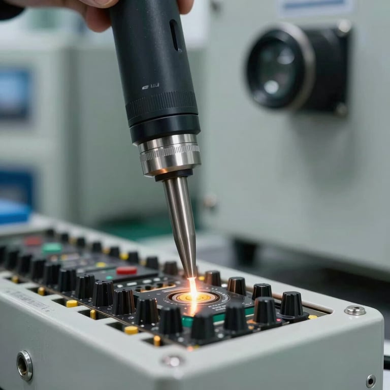 Detailed close-up of a high-precision hot spot gun being used to scan an electrical panel in a modern factory.