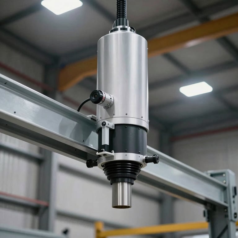 An advanced industrial beam detector mounted high on a steel girder in a North American / International warehouse facility.
