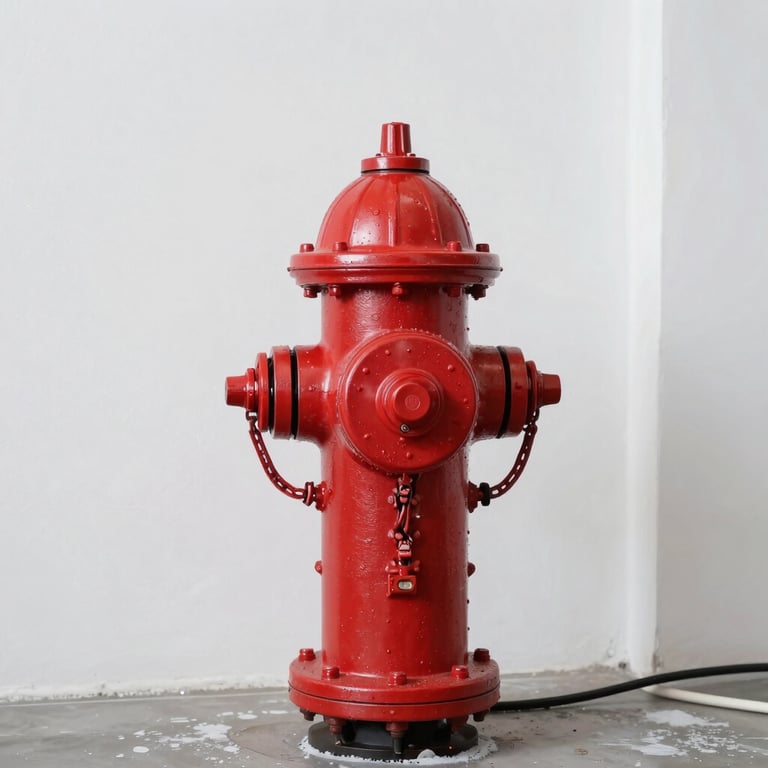 A red fire hydrant system with an EDJ pump installed in a clean, brightly lit North American / International utility room with snow white walls.