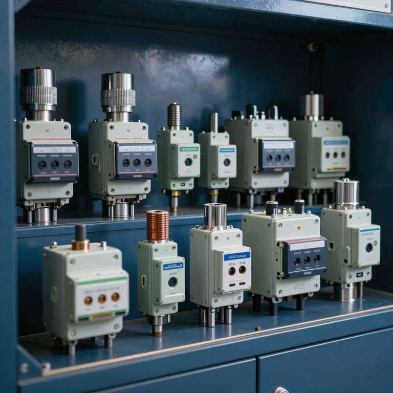 A series of heavy-duty industrial breakers and switches arranged neatly on a technical display in steel blue and dark navy tones.