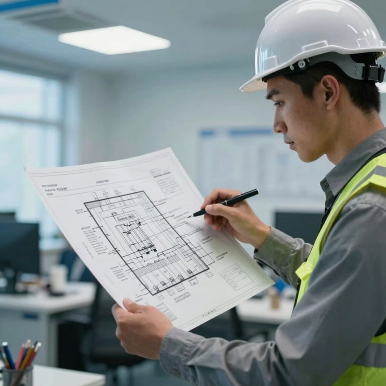 A professional engineer reviewing a detailed electrical safety blueprint in a well-lit office featuring sky blue accents.