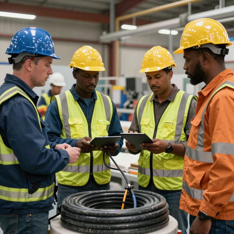 A group of diverse safety experts discussing fire retardant cable installation at a North American / International textile site.