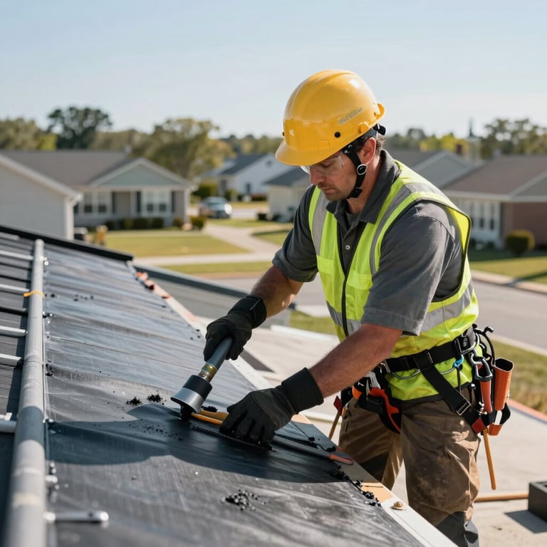 A professional roofer in North American safety gear applying torchdown membrane on a suburban commercial building in bright daylight.