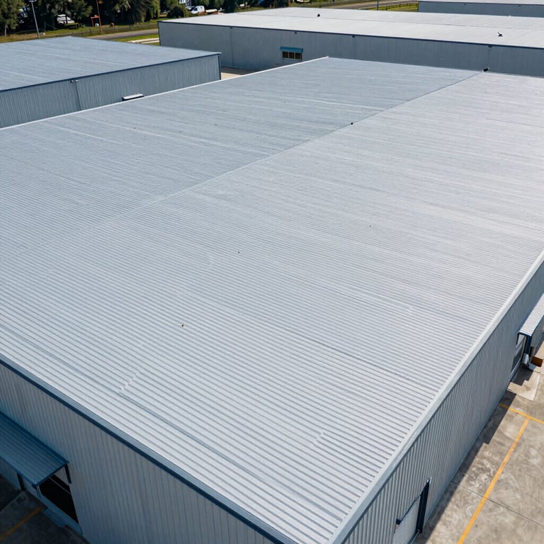 Aerial photography showing the expansive, clean finish of a high-quality torchdown roofing system on a modern industrial warehouse in the US.
