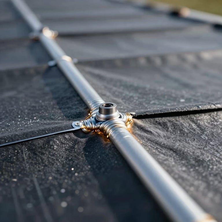 Extreme close-up photography of heat-welded seams on a professional roofing membrane, demonstrating precision and waterproofing expertise.