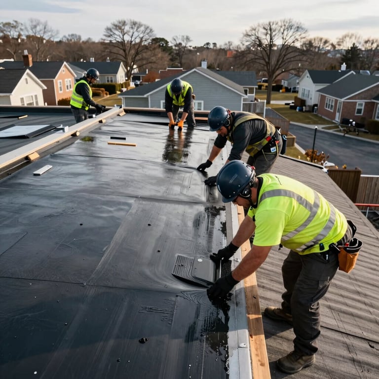 Perspective shot of a team of roofing professionals installing waterproof layers on a flat residential roof in New Jersey.