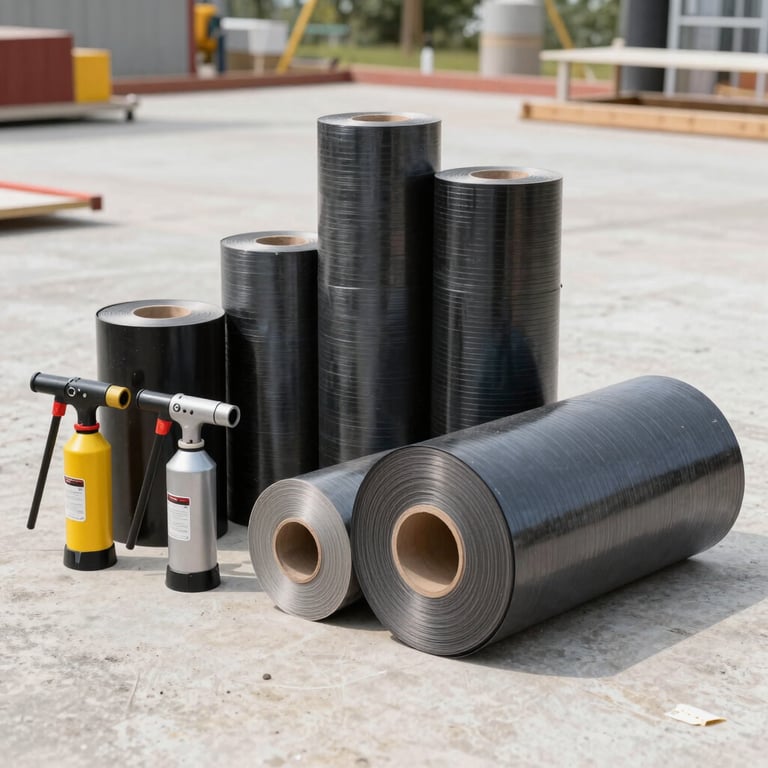 A collection of high-grade roofing membrane rolls and propane torches staged on a clean construction site in the US.
