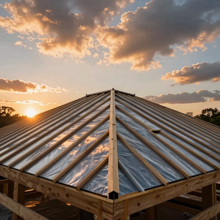 Low-angle photography of a finished torchdown roof project under a dramatic sunset sky in New Jersey, reflecting reliability and strength.