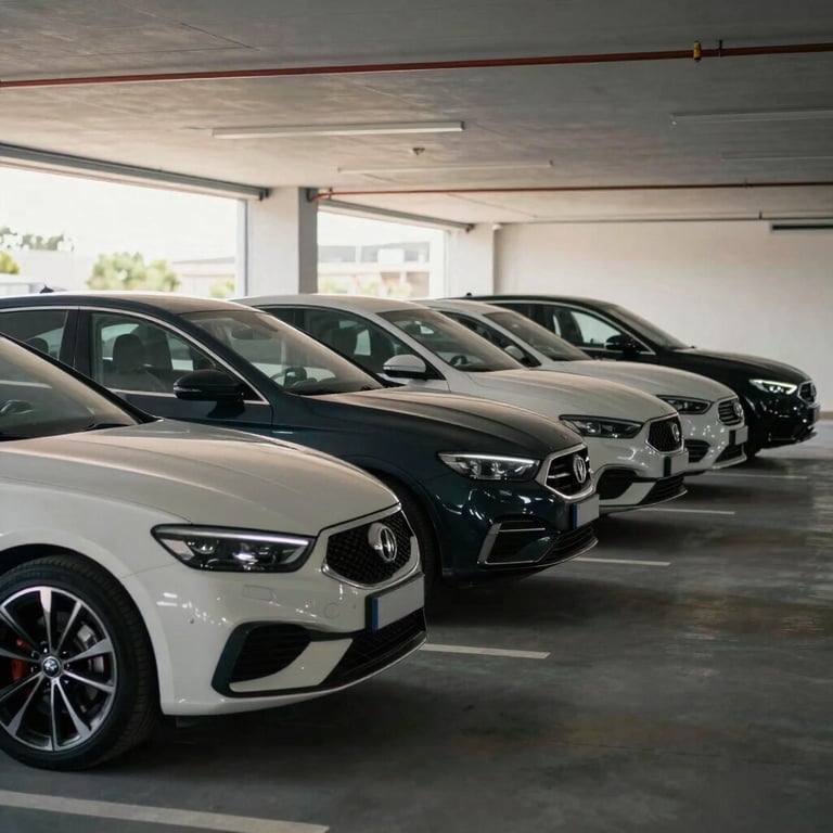 Row of modern executive cars in a bright, clean parking facility in Spain.