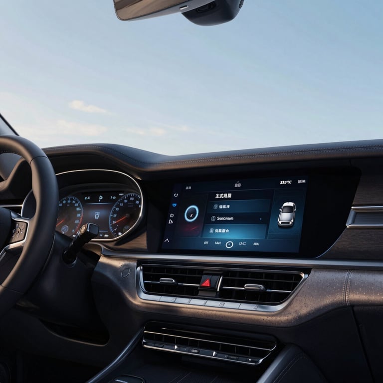 Close up of a luxury car dashboard with soft sky blue lighting and modern interface.