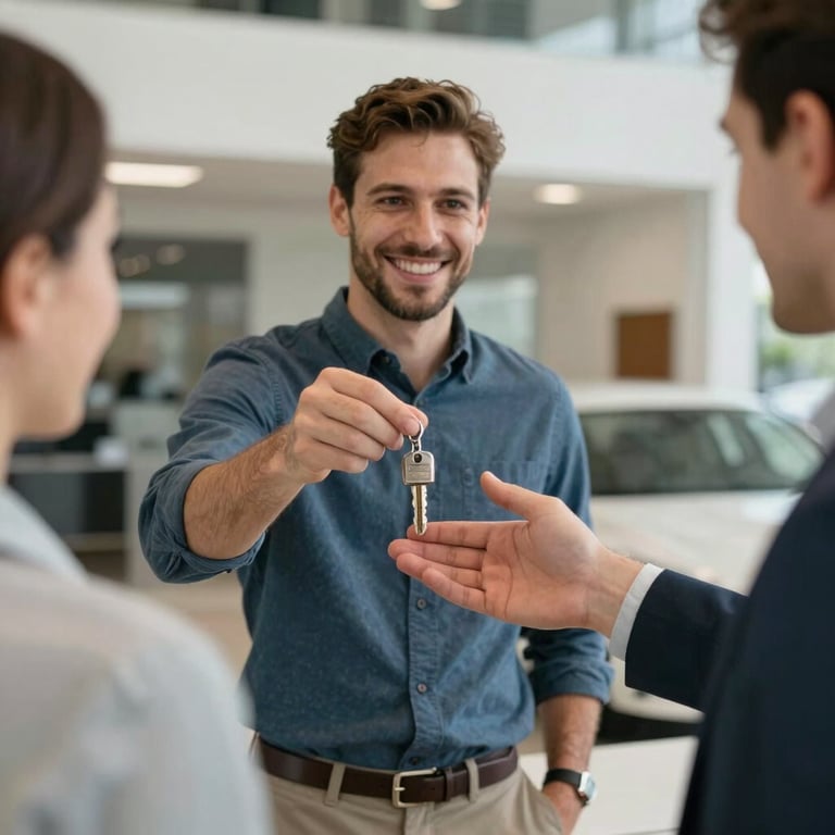 A happy customer receiving keys in a premium Southern European / Spanish dealership.