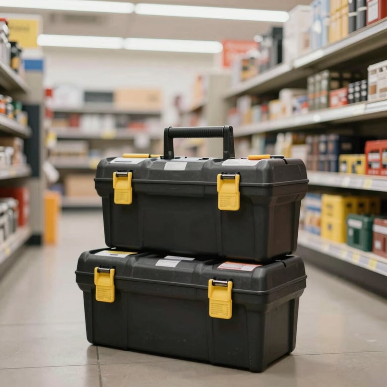 A stack of high-quality toolbox sets in a clean, professional retail environment.