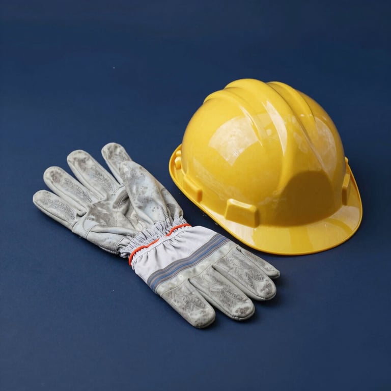 Industrial protective equipment including gloves and a helmet on a dark blue background.