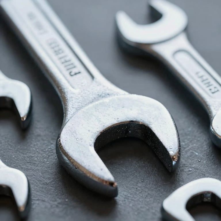 Macro shot of heavy-duty steel wrenches reflecting bright industrial light.