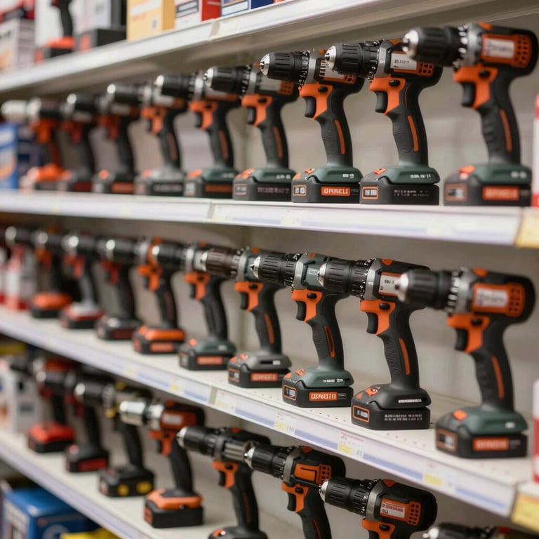 A organized display of professional power drills in a modern store setting.
