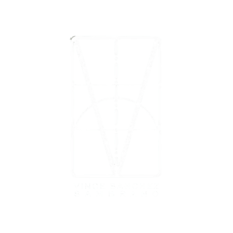Geometric white line art logo for Vince Sanchez Sambrano featuring a stylized letter V on a black background.