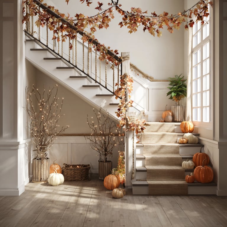 a staircase way with pumpkins and autumn garlands