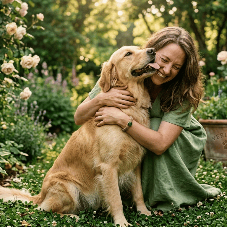 Golden Retriever dog and owner representing health for all through sustainable pet care