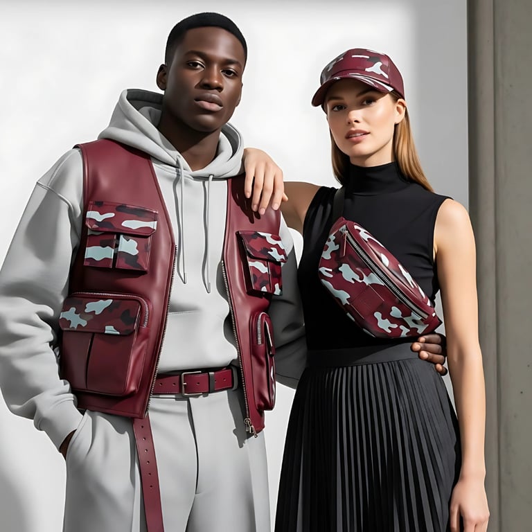 Contemporary photo of an interracial male and female couple in studio  wearing premium clean fashion