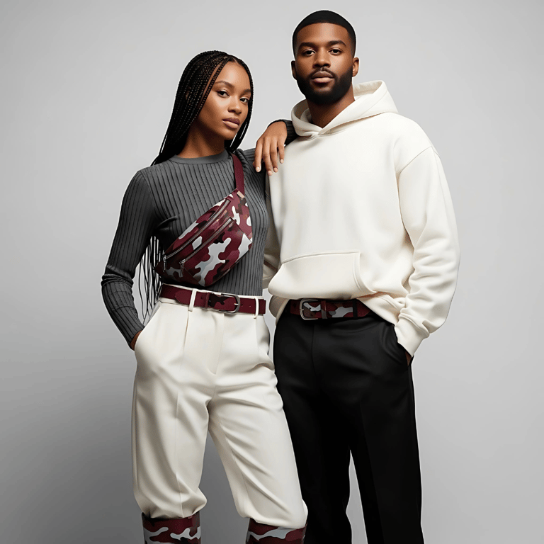 Contemporary photo of an interracial male and female couple in studio  wearing premium clean fashion