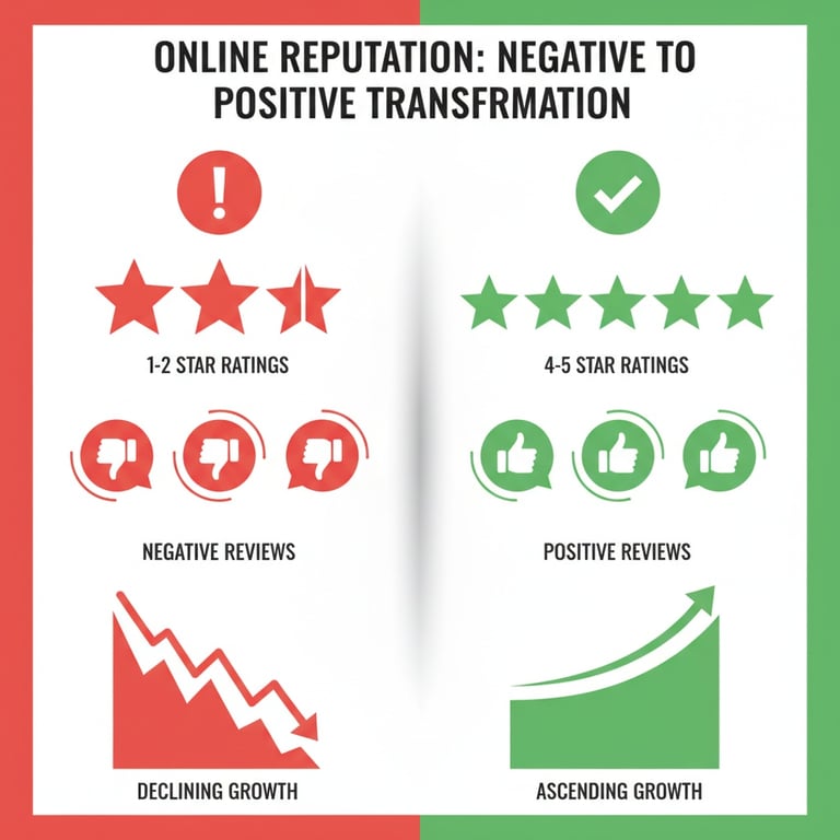 Online reputation transformation infographic showing improvement from 1-2 star negative ratings with