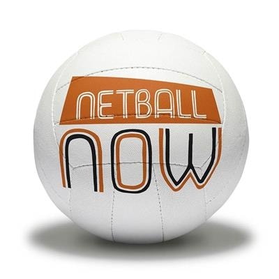a white netball ball with the words netball now