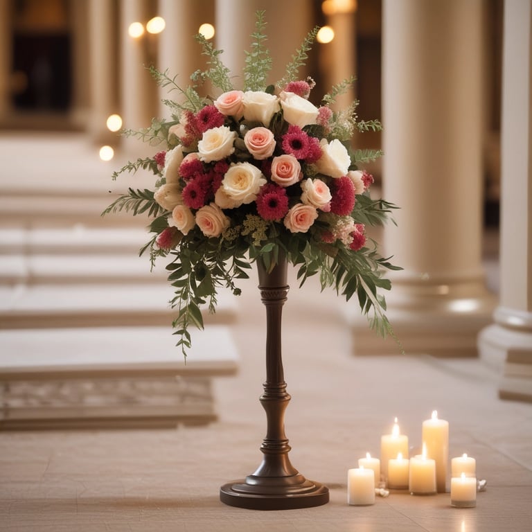 Hand-poured oversized pillar candle centerpiece in elegant floral arrangement.