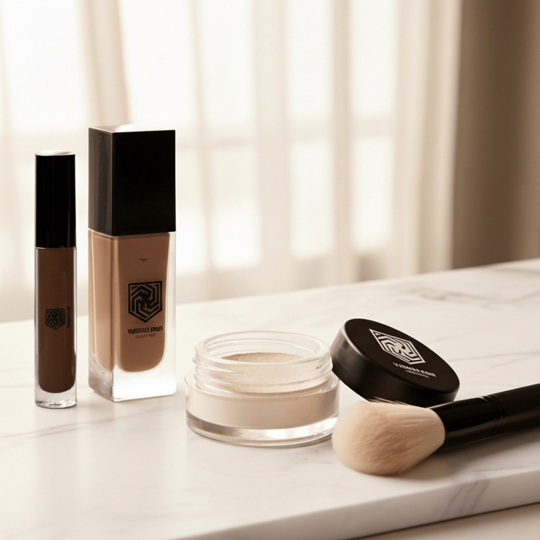 a table with a brush and a bottle of liquid foundation