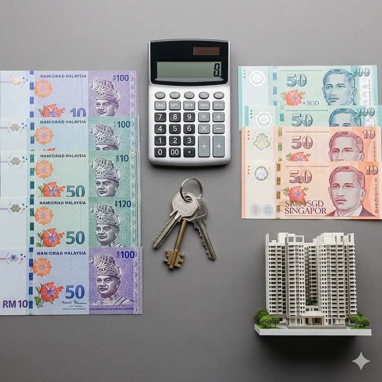 Malaysian Ringgit, Singapore Dollars, a calculator, house keys, and a property model, symbolizing cross-border investment