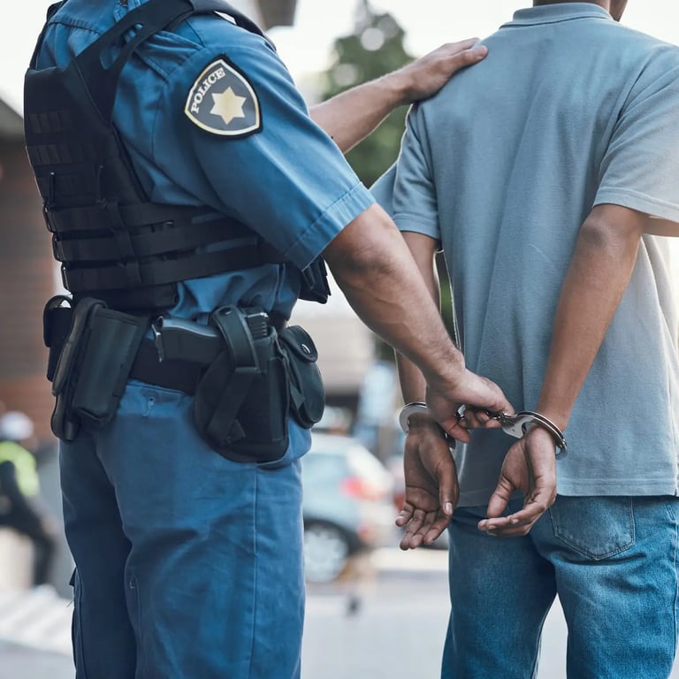 A police officer putting handcuffs on a arrested man