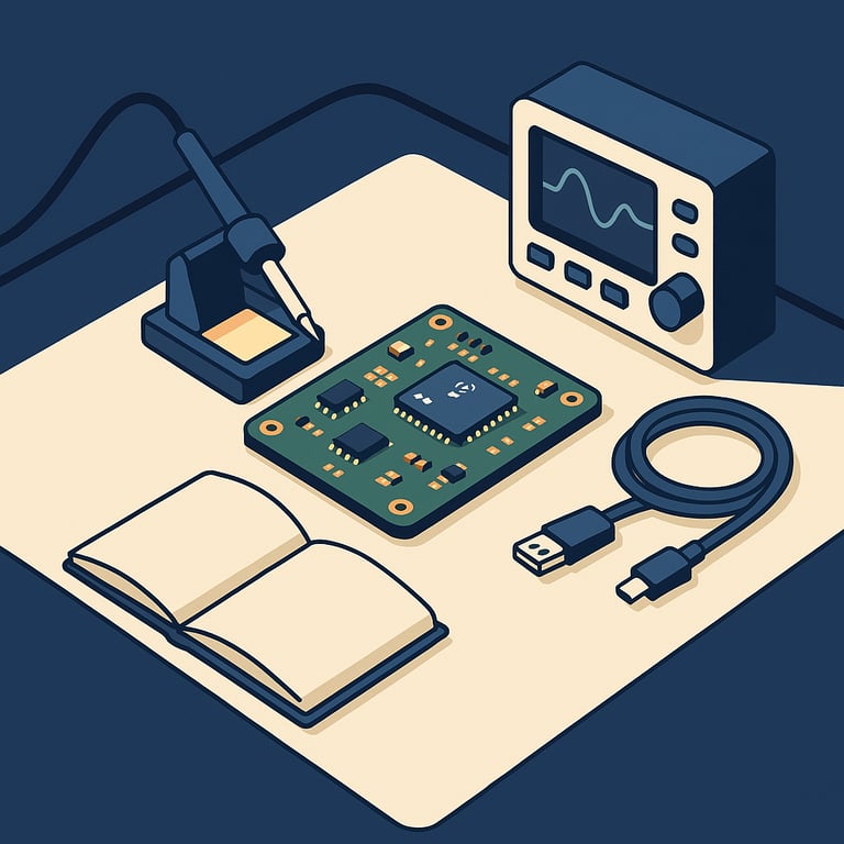 Atelier de conception embarquée — carte électronique, fer à souder, oscilloscope