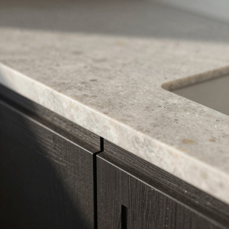 Close-up macro detail of a quartz countertop meeting a dark veneer cabinet junction, sharp clean lines, soft natural afternoon light.