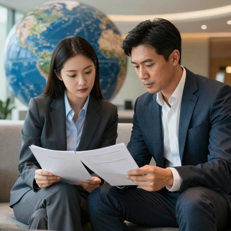 Two business partners reviewing documents in a Global / International lounge, Steel Blue and Dark Charcoal Blue theme.