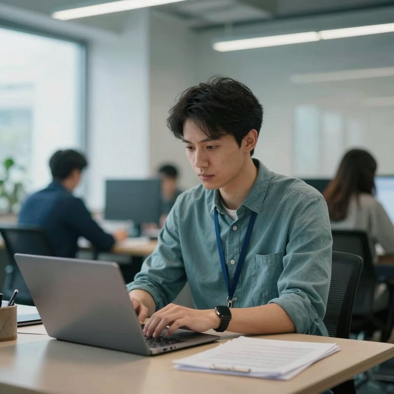 A professional focused on work in a bright Global / International co-working space, Soft Teal and Steel Blue colors.