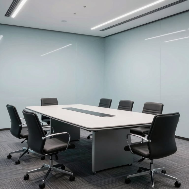 A clean, high-tech Global / International meeting room with sleek furniture and Pale Blue Mist walls.