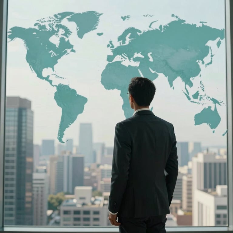 An executive looking over a Global / International city skyline from a modern office, Soft Teal accents.